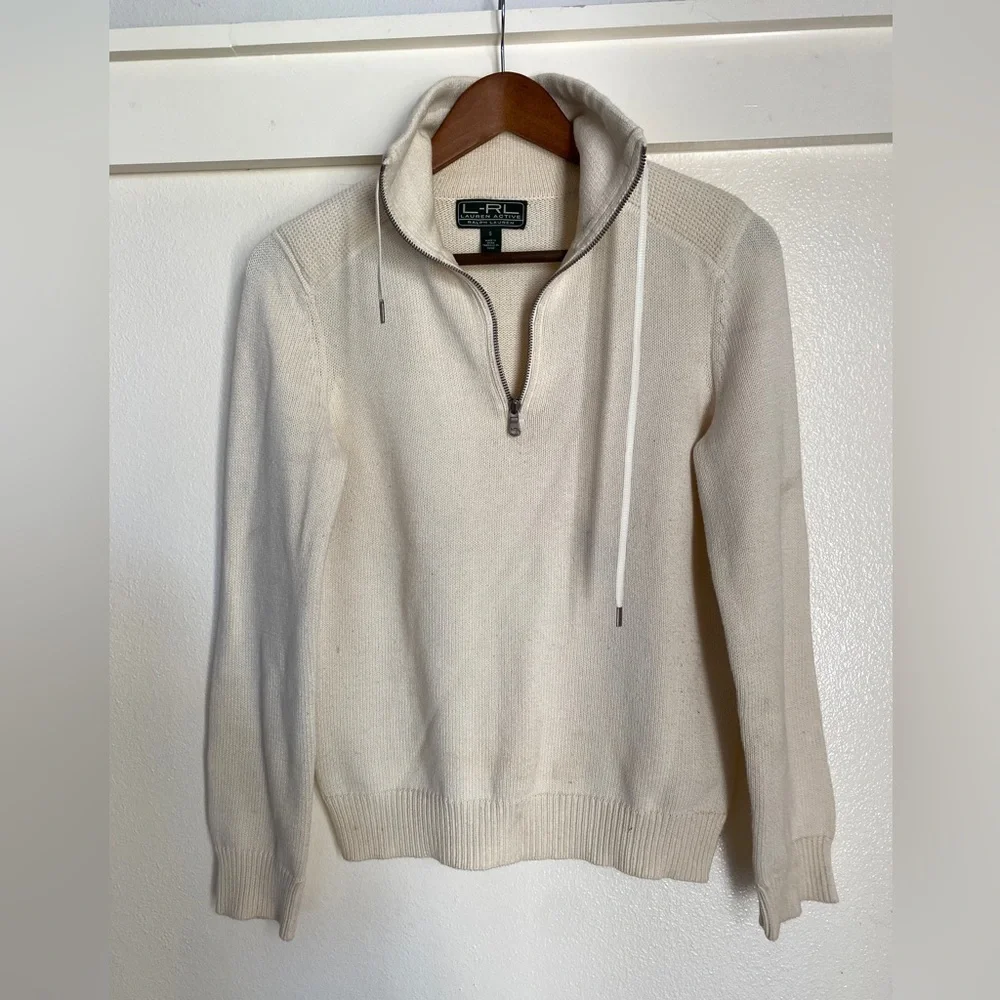 LRL RALPH LAUREN WOMENS ZIP NECK sweater cream S cotton